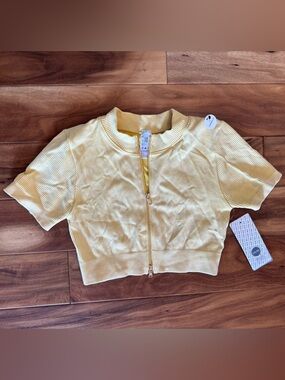 New Mix Yellow Ribbed Zip-Up Crop Top Size Large